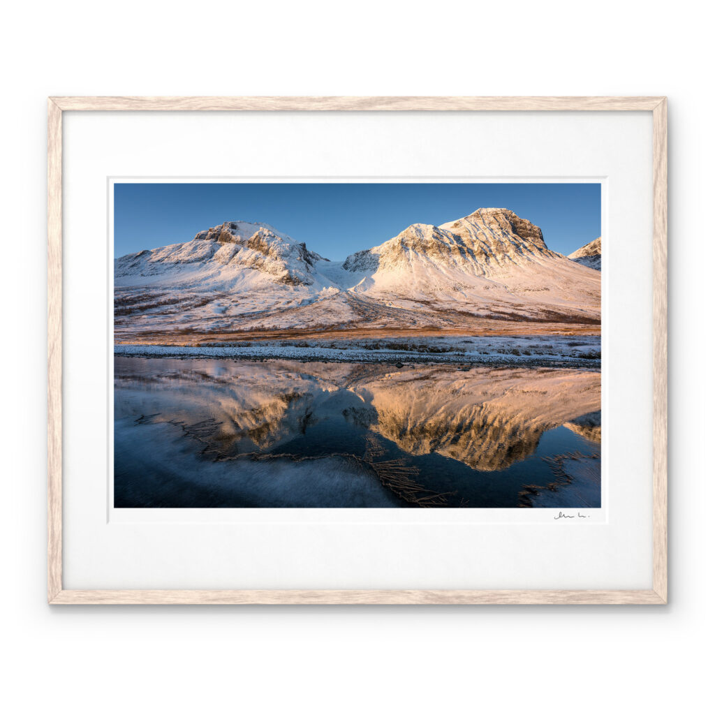 Mountain reflection in Vistasvaggi Kebnekaise Art Print by Magnus Lindbom