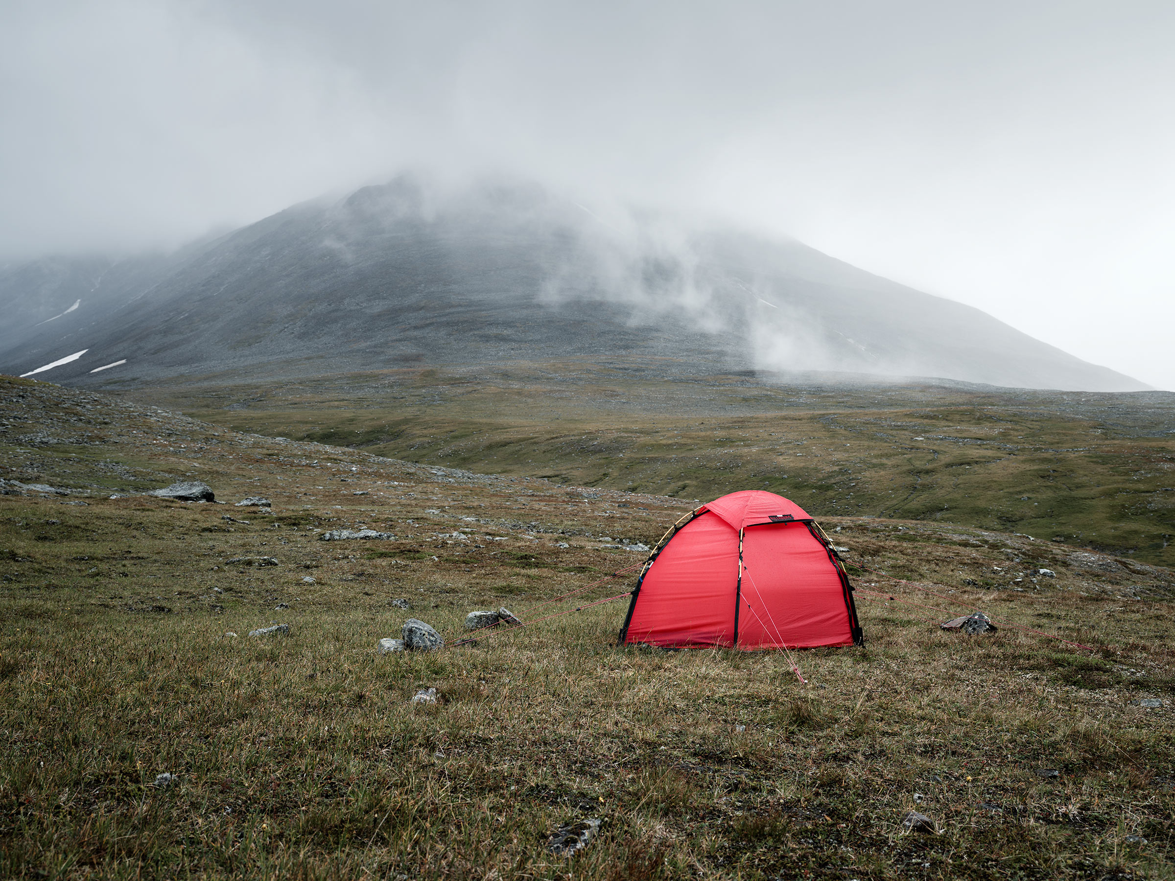 Hilleberg Soulo during a storm in Sarek National Park.