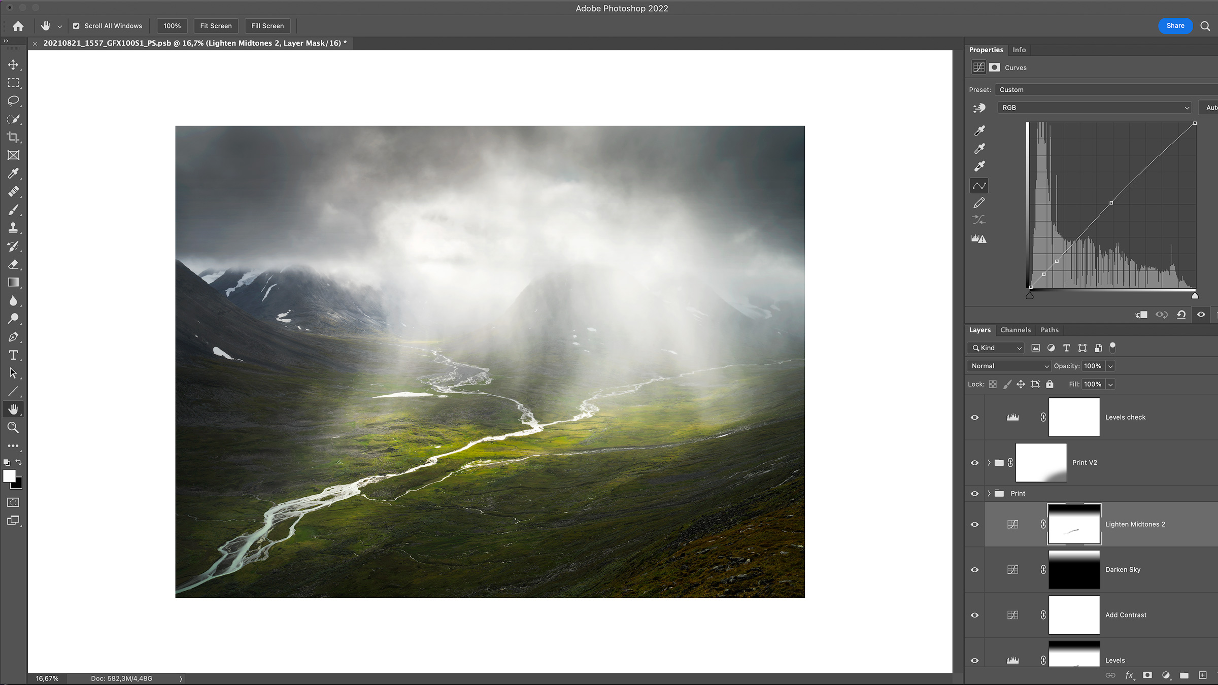 A screenshot of working with curves and layers for landscape photography in Adobe Photoshop.
